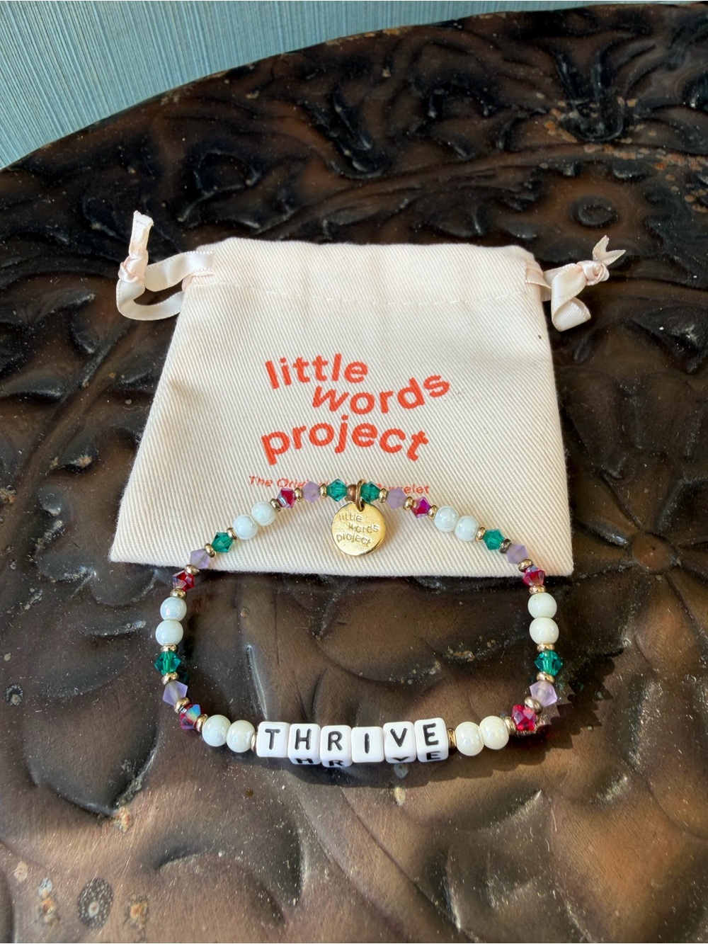 Little Words Project "Thrive" Beaded Bracelet - White with Green & Pink Accents